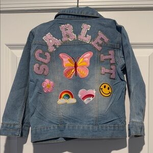 Girls' Light Blue Denim Jacket with Pink Patch Appliqués